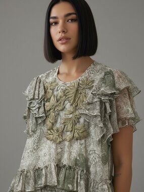 Ranna Gill Women Green Floral Butterfly Ruffle Blouse Top Size S Boho Fairycore